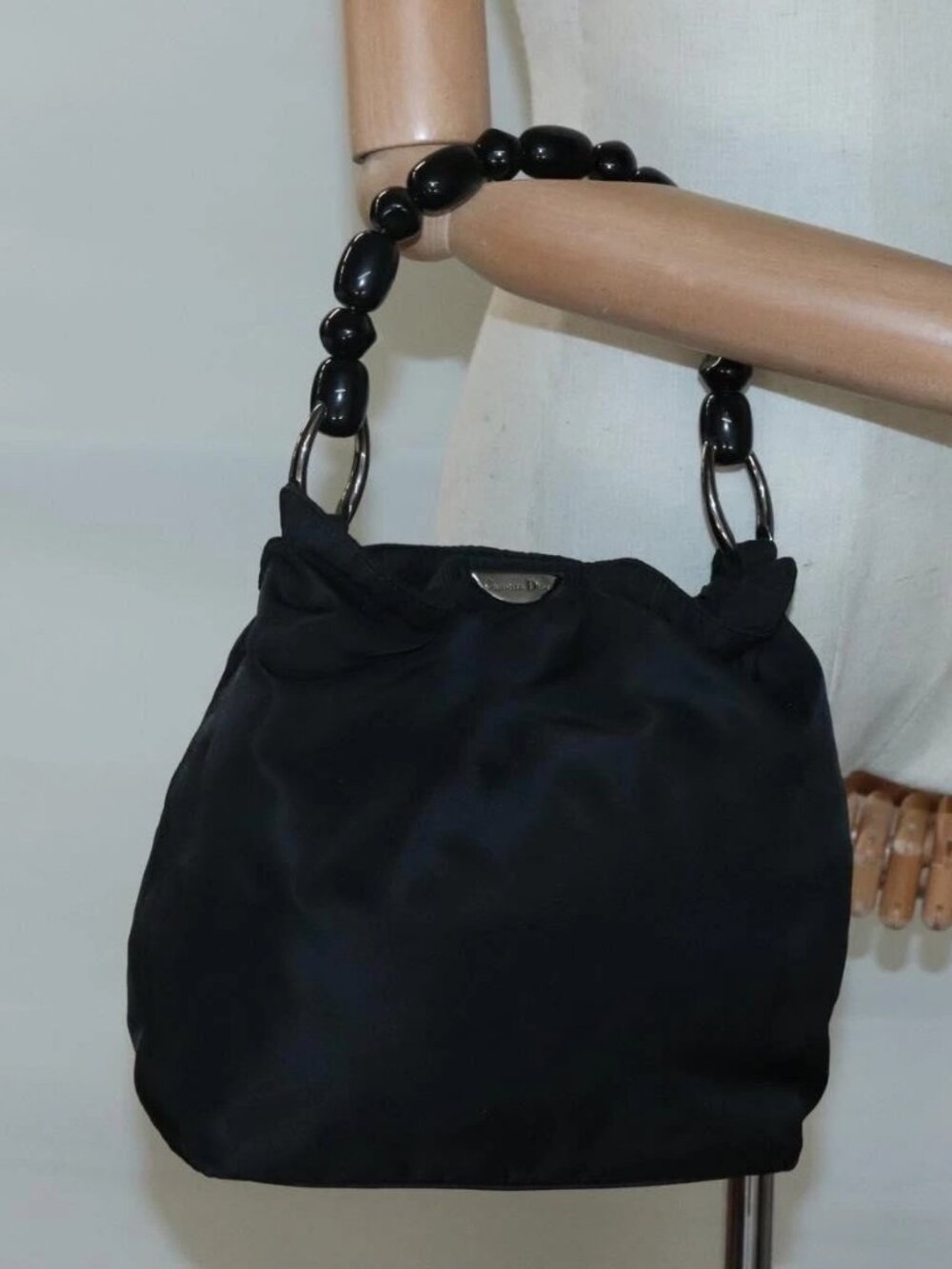 Christian Dior Maris Pearl Shoulder Bag Nylon Black Silver Auth BA1374